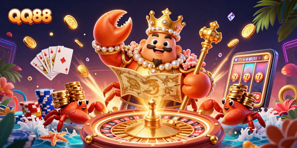 Experience thrilling gameplay with QQ88's golden crab emperor in a rich casino scene filled with treasures.