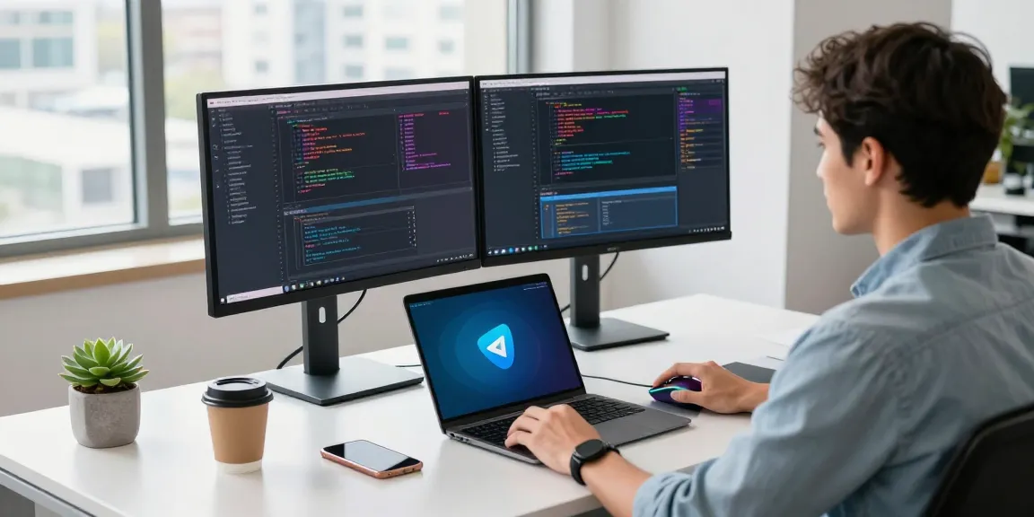 Download Telegram interface displayed on dual monitors in a modern tech workspace.