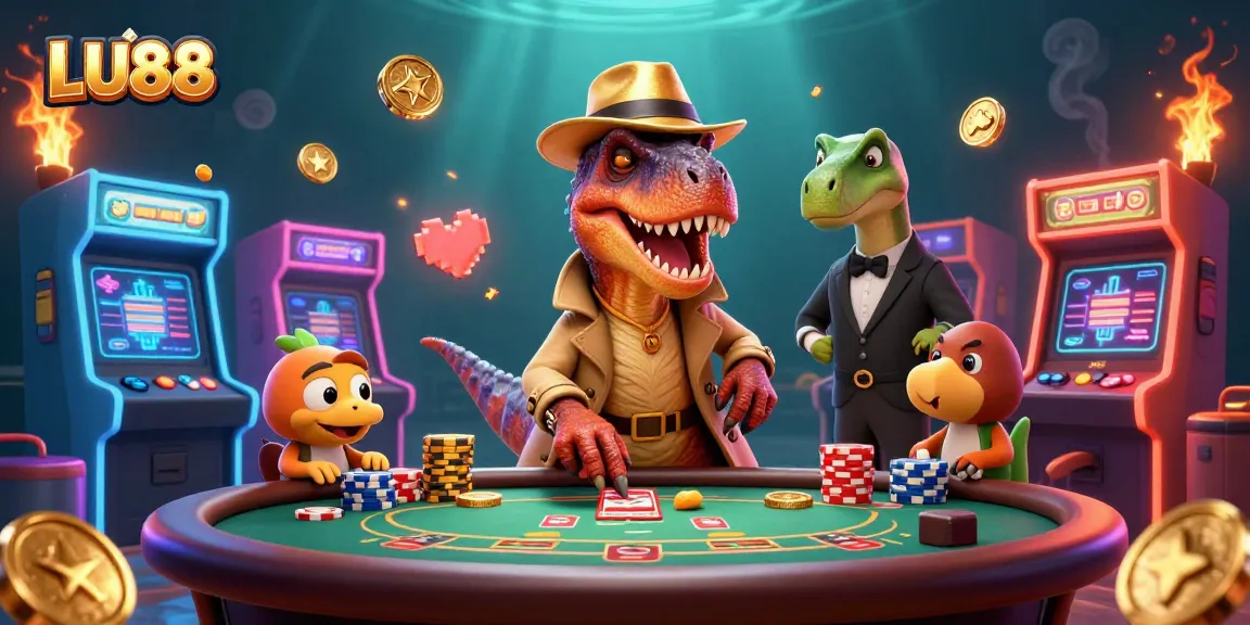 Betting with LU88: A velociraptor discreetly counting cards at a Blackjack table in an energetic casino scene.