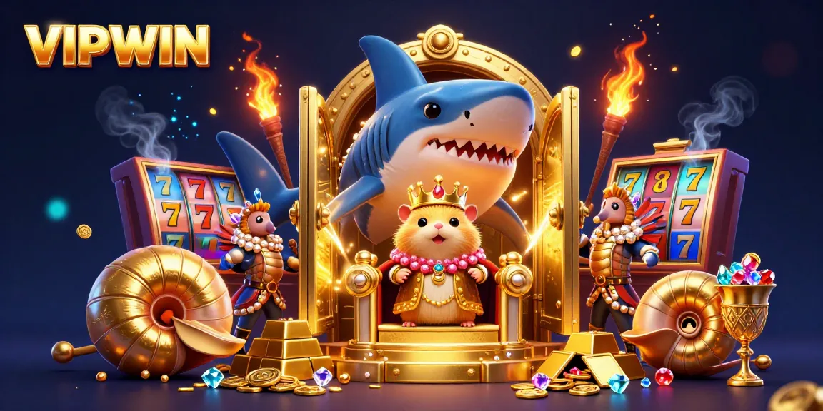 VIPWIN casino scene with a golden hamster king on a megalodon throne surrounded by treasures and colorful slot reels.