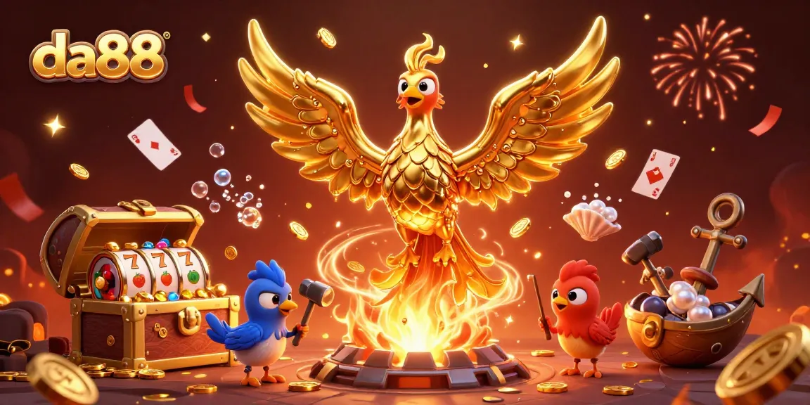 Experience the excitement of da88 with a golden phoenix bursting with winning slots and vibrant casino elements.