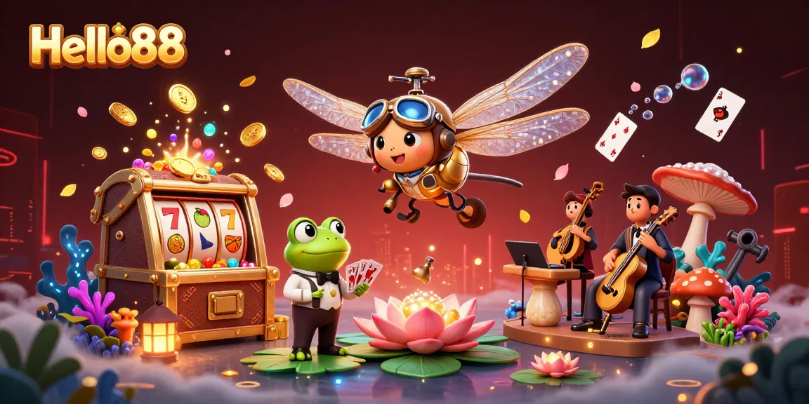 Experience thrilling action with Hello88 as a dragonfly pilot and frog croupier in a vibrant casino scene.