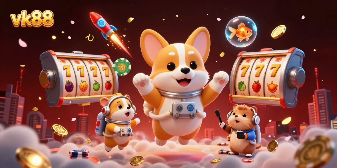 Experience vk88 in a dynamic casino scene with an astronaut corgi, poker reels, and colorful confetti.