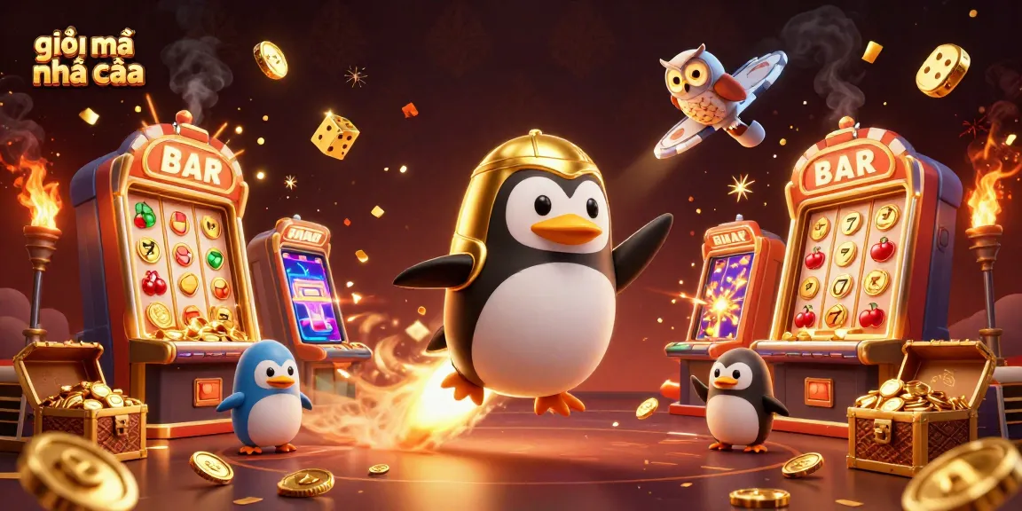 Spin and win with giải mã nhà cái, featuring a golden penguin and vibrant casino elements.