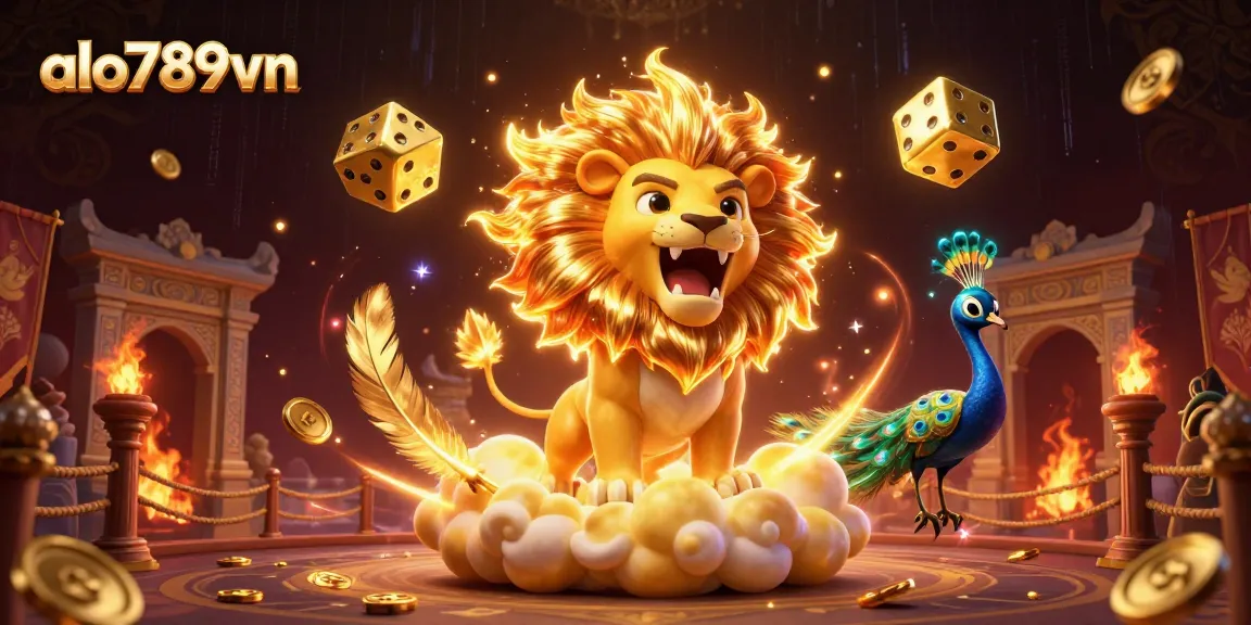 Bet on alo789vn with an exciting 3D illustration of a lion, dice, and peacock in a dynamic casino scene.