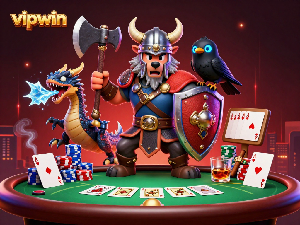 Experience thrilling poker action at vipwin with a Viking warrior, dragon, and poker chips.