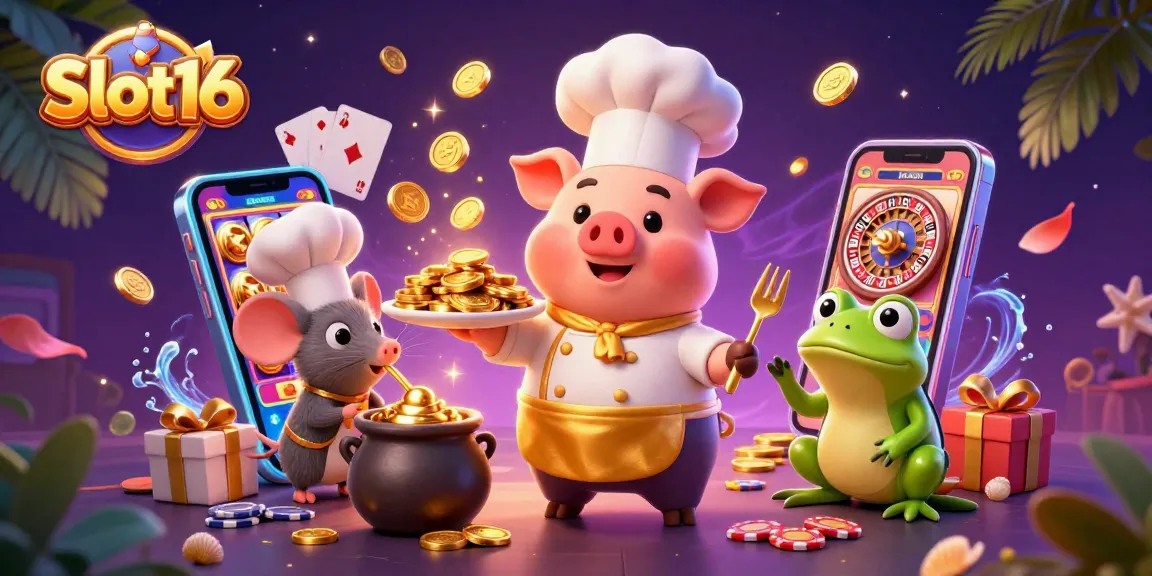 Experience Slot16's thrilling excitement with vibrant characters amidst golden gaming elements.