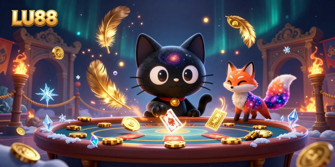 Engage at LU88's cosmic casino, where a black hole cat pulls in winning chips and cards.