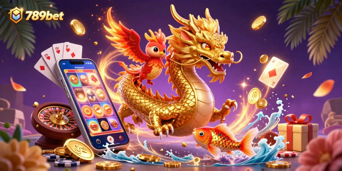 Engage with the thrilling adventures of 789bet through an artistic representation featuring a dragon, phoenix, and koi fish.