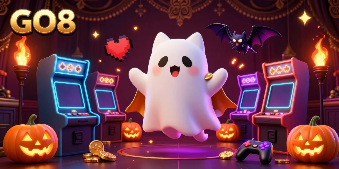 Engage with GO8's vibrant casino adventures in a dynamic illustration featuring a ghost cat and illuminated game machines.