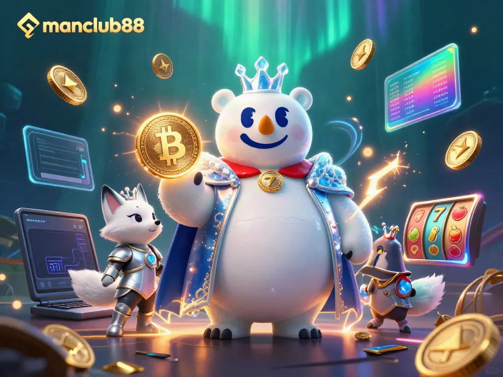 Engage with manclub88's vibrant casino scene featuring an ice king and crypto elements.