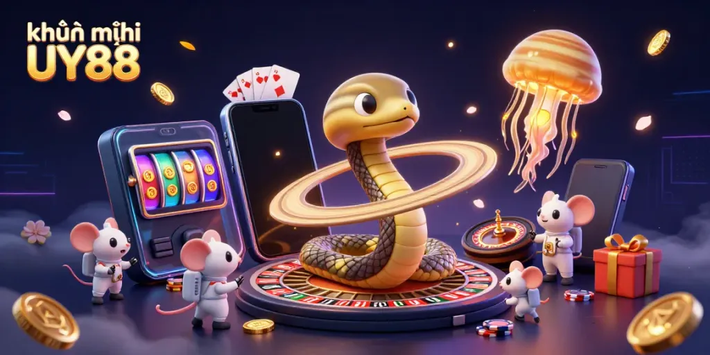 Experience the thrill of khuyến mãi UY88 with lively characters and casino elements in this vivid digital illustration.