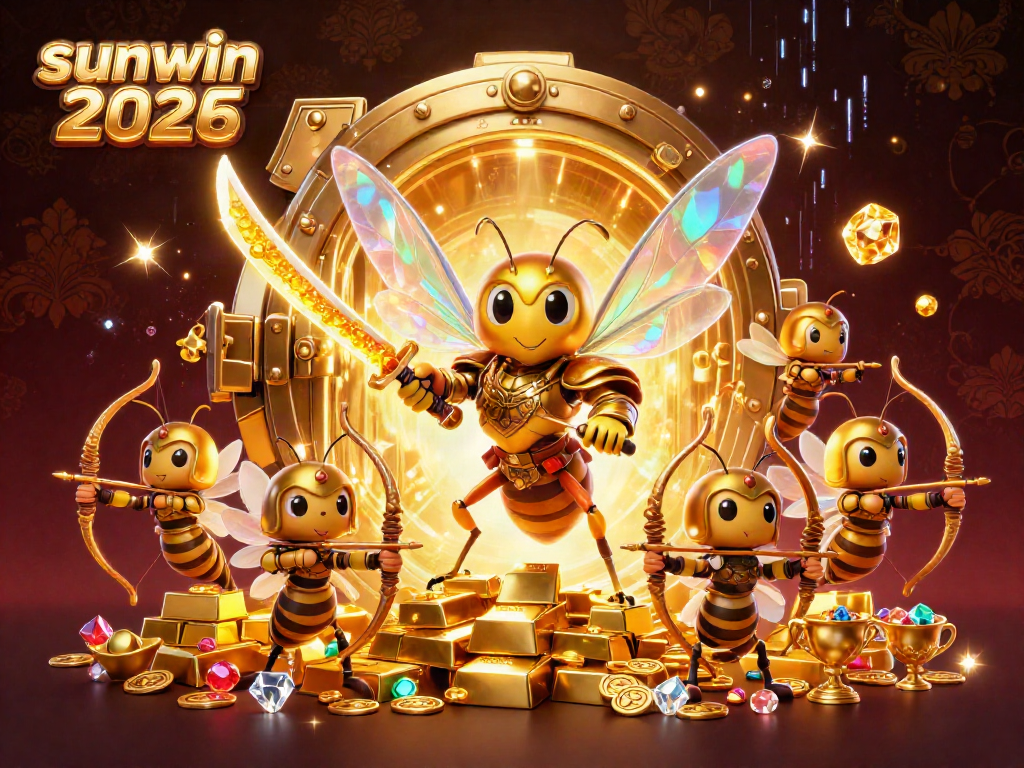 Experience the excitement at sunwin 2026 with a dynamic casino-themed illustration featuring vibrant characters and lavish treasures.