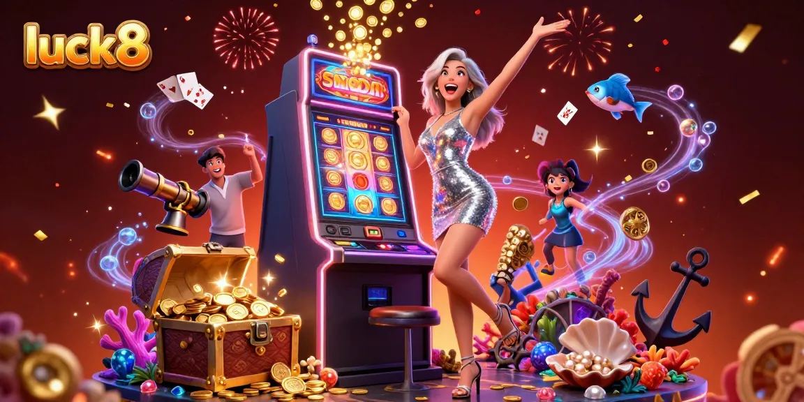 Experience the thrill of luck8 with a gorgeous Asian woman celebrating a jackpot on a slot machine.