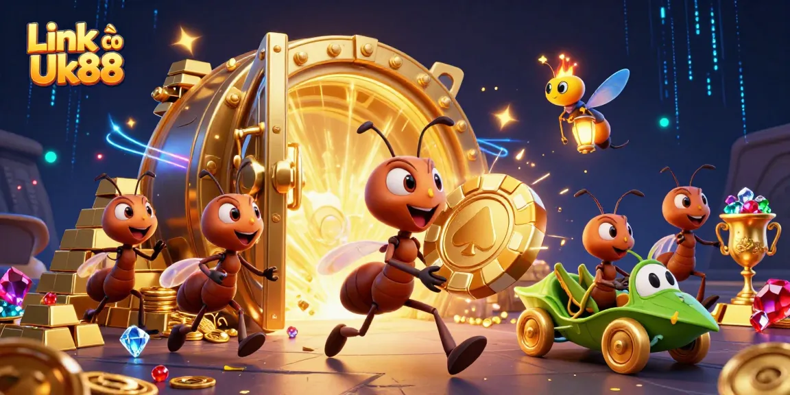 Join the heist with Link vào Uk88 as ants carry a huge poker chip amid sparkling treasures.