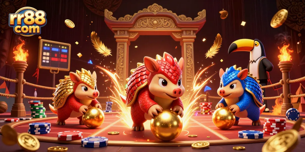 Engage in gaming excitement with rr88 com featuring competitive pangolin characters rolling through poker chips.