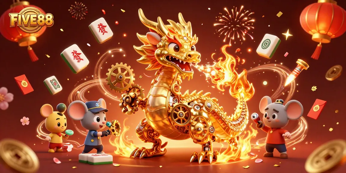 Experience the thrilling world of FIVE88 with a vibrant dragon and gold cogs in a dynamic casino scene.