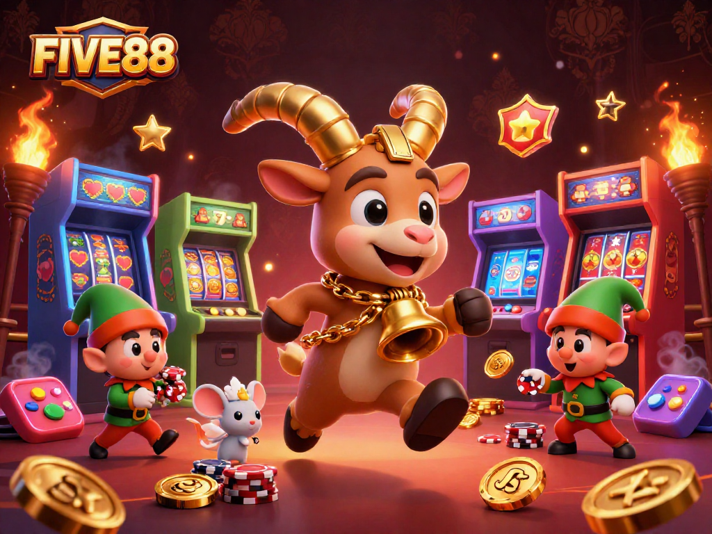 Experience thrilling casino action at FIVE88 with festive Krampus, angel mouse, and mischievous gremlins.