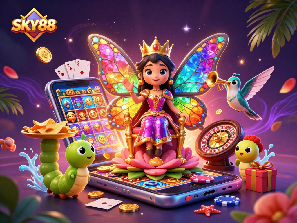 Engage with SKY88 as the butterfly queen presides over a vibrant casino world packed with thrilling slots and gaming excitement.