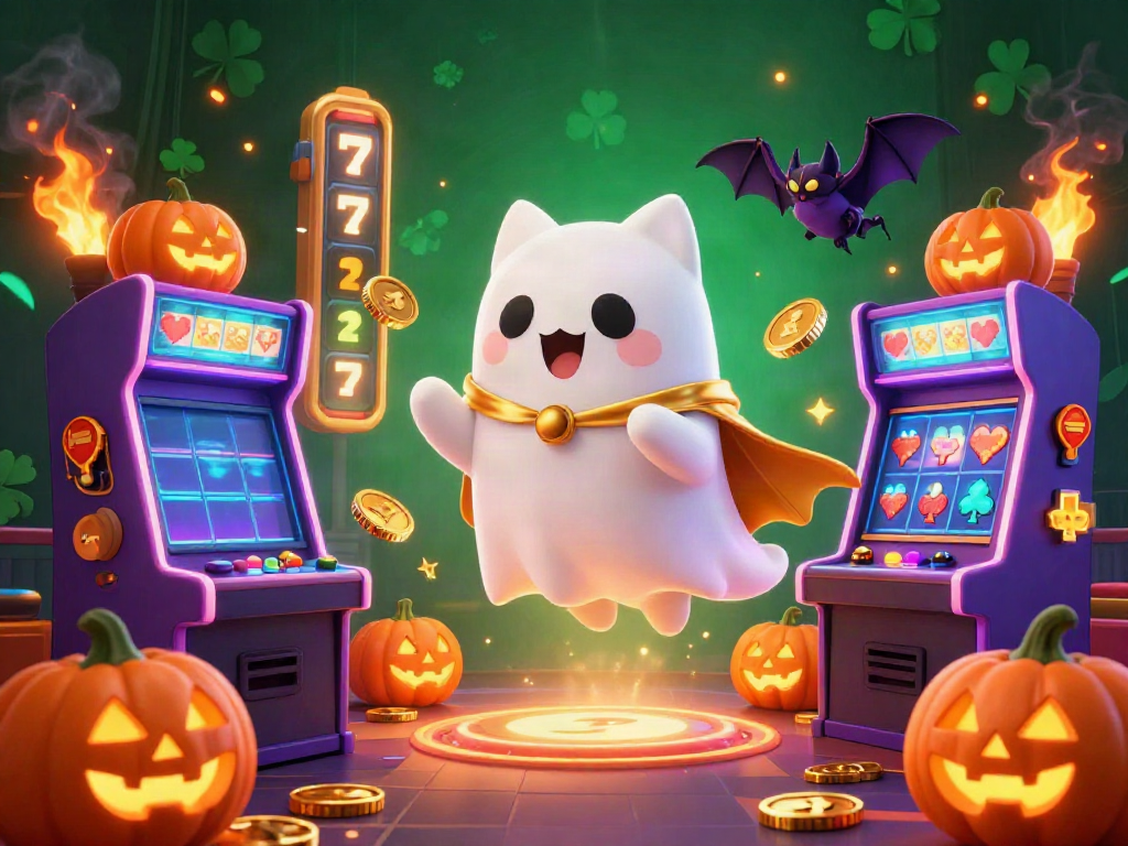 Engage with ace67's haunted casino world featuring vibrant ghost cat and game elements in 3D.