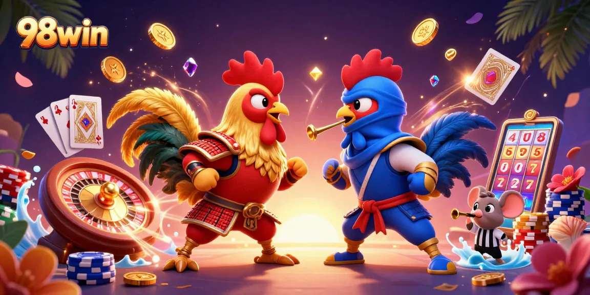 Join the thrilling duel of 98win's roosters amid a cascade of gold and gemstones.