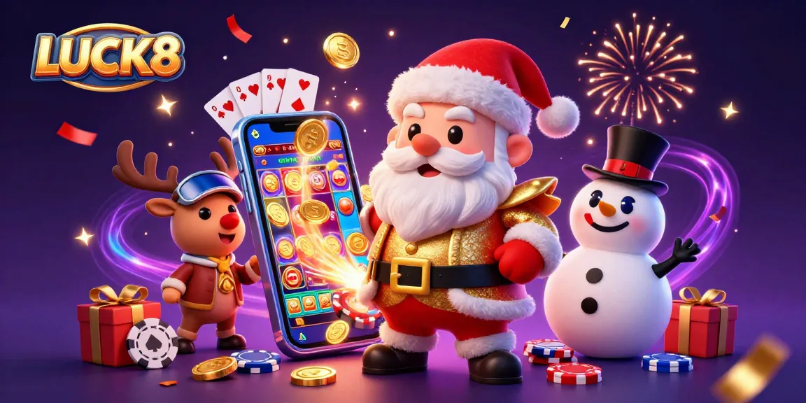 LUCK8 showcases a vibrant casino scene with Santa Claus, a reindeer dealer, and a poker chip snowman.