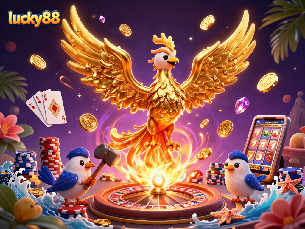 Experience the thrill of lucky88 with a vibrant scene of golden coins and a molten phoenix in action.