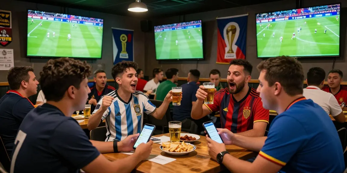 Fans enjoying kèo nhà cái while watching a World Cup match in a lively sports bar.