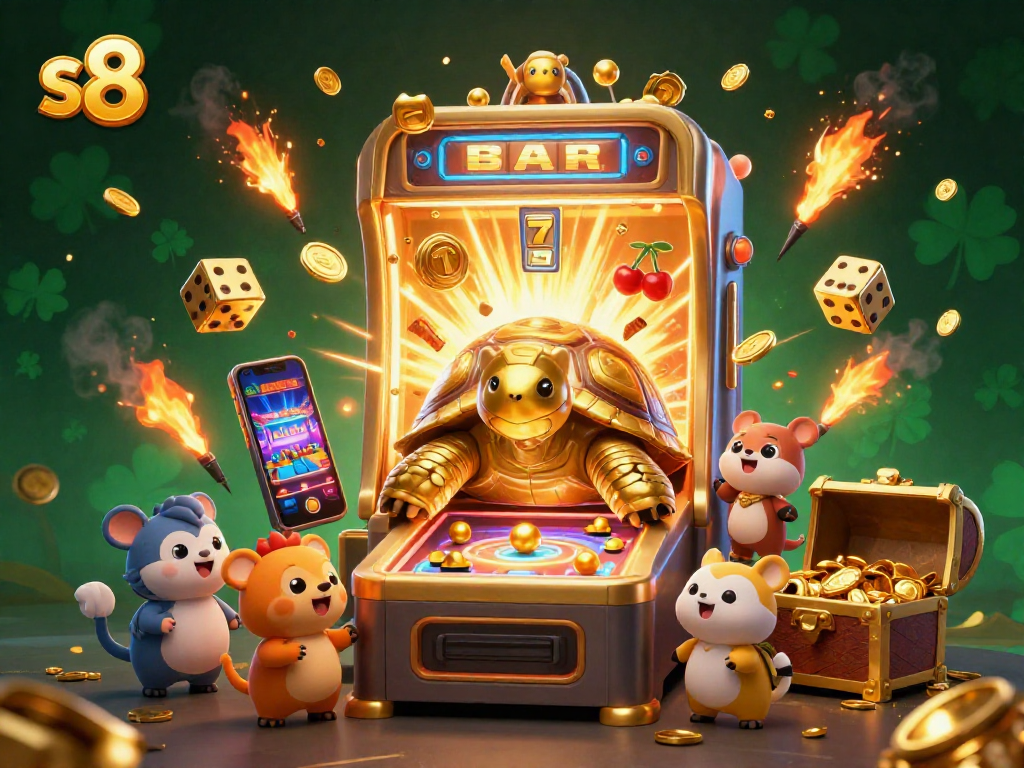 Experience excitement at S8 with a golden tortoise pinball machine amidst jackpot glory in an immersive casino atmosphere.