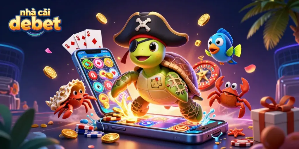 Discover exciting gaming with nhà cái debet in this vibrant illustration showcasing a 3D pirate turtle amidst casino elements.