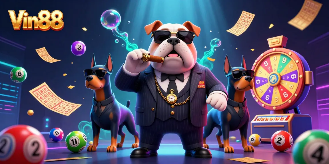 Win big at Vin88 with a vibrant illustration of a bulldog mafia boss and colorful lottery elements.