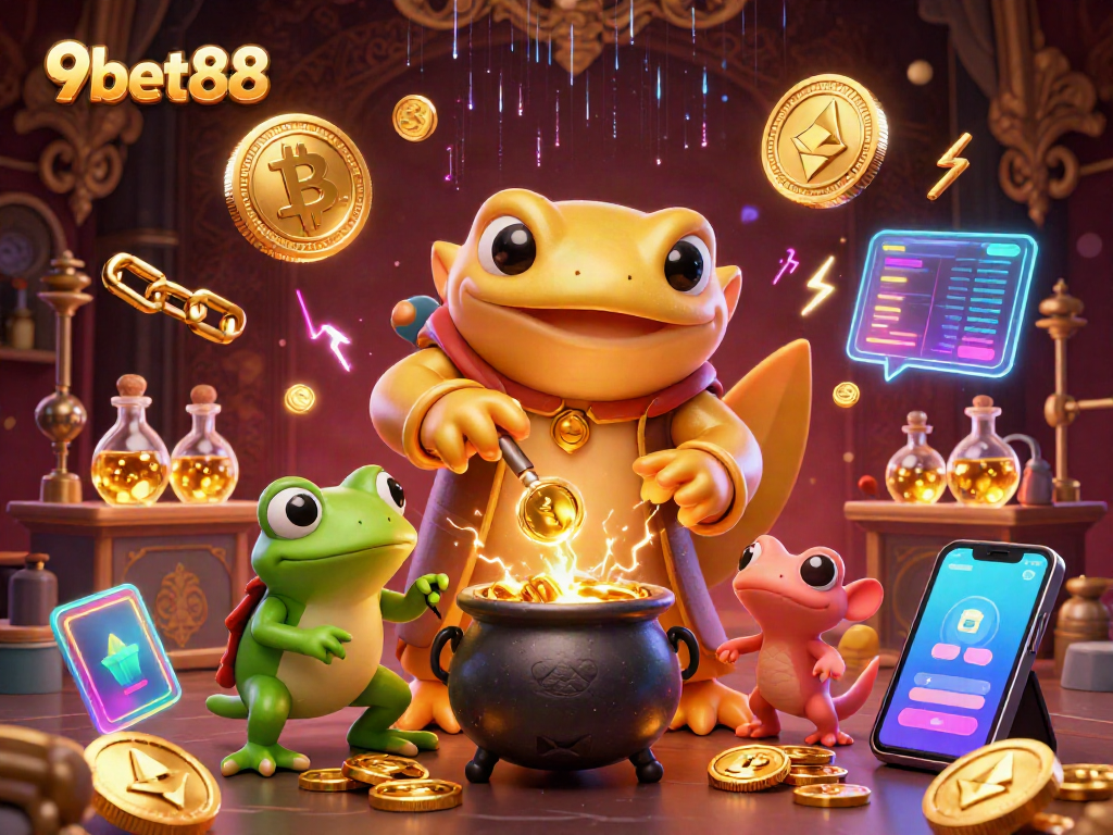 Experience the magic of 9bet88 with a golden alchemist and crypto coins in this vibrant casino scene.