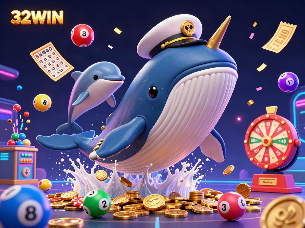 Experience the excitement of 32WIN with dynamic casino elements featuring a whimsical whale and playful sea creatures.