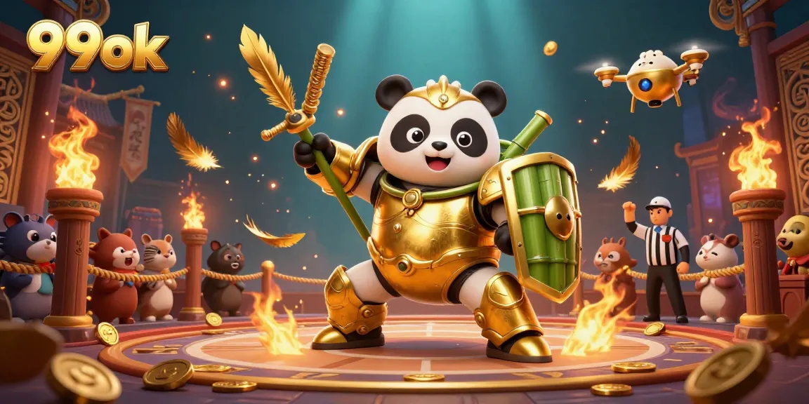 Engage in thrilling gameplay at 99ok with a vibrant 3D casino scene, featuring a golden panda in action.