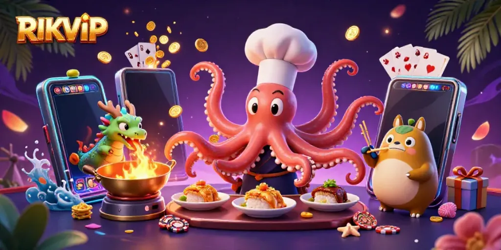 Engage with RIKVIP's vibrant gaming scene featuring a dynamic sushi chef octopus, dragon, and playful tanuki.
