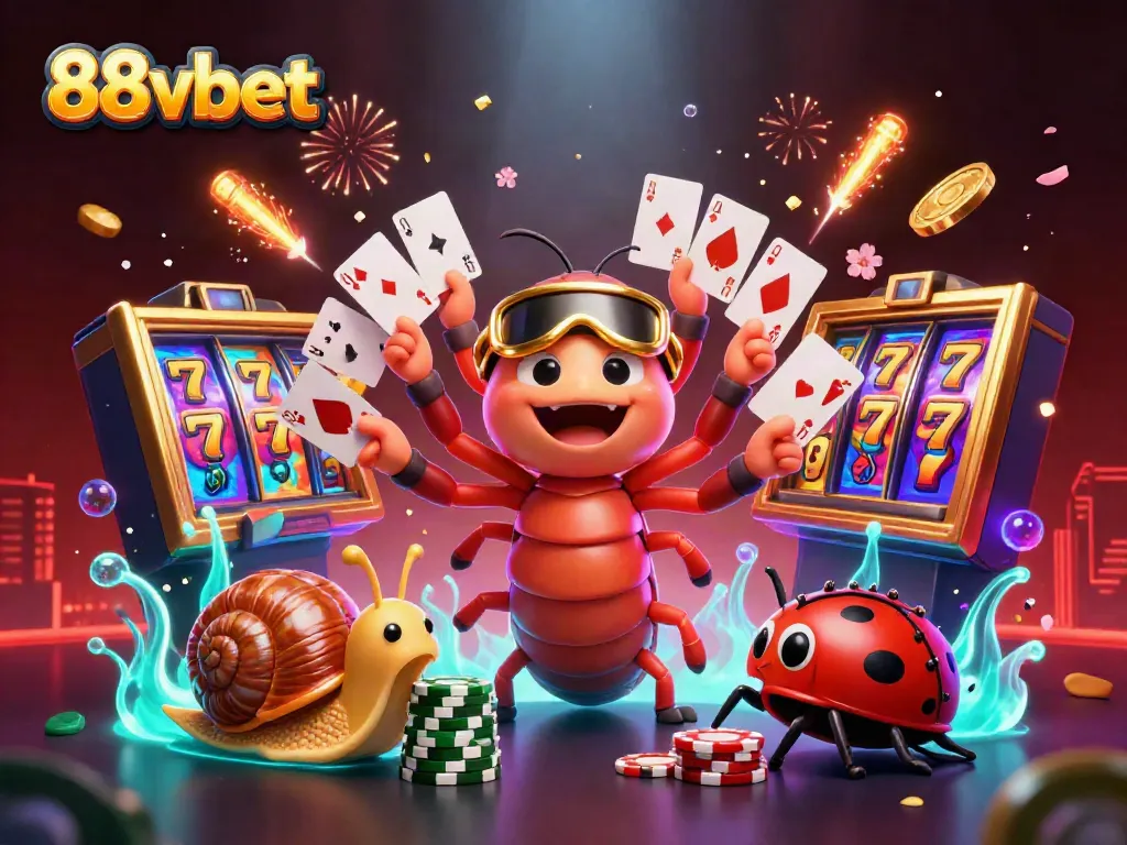 Engage with 88vbet's thrilling atmosphere, featuring a whimsical 3D millipede dealer and vibrant gaming elements.
