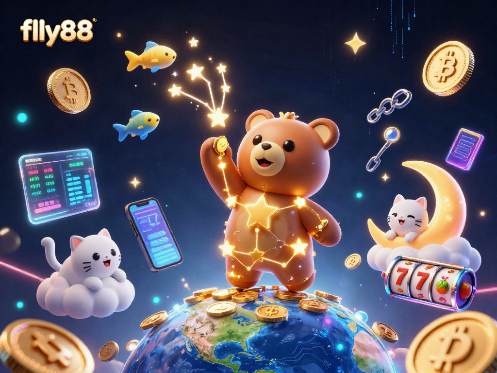 Experience fly88's exciting gaming world with golden star characters and vibrant crypto elements.