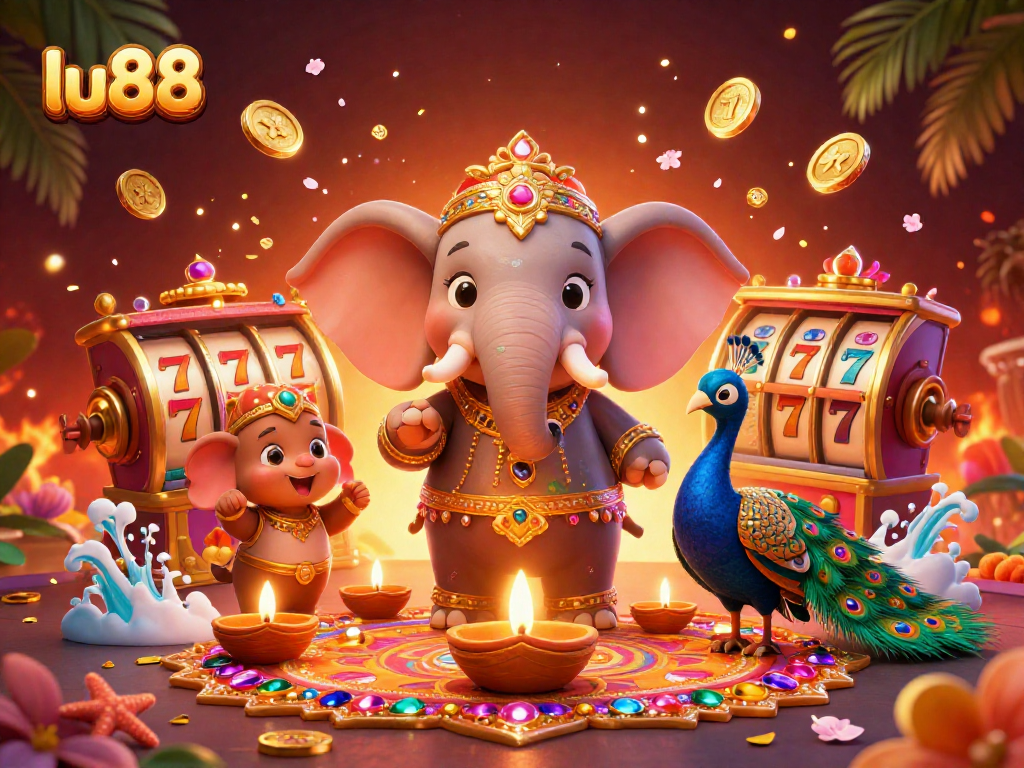 Spin to win with lu88's vibrant 3D illustration showcasing a jewel-filled casino scene.