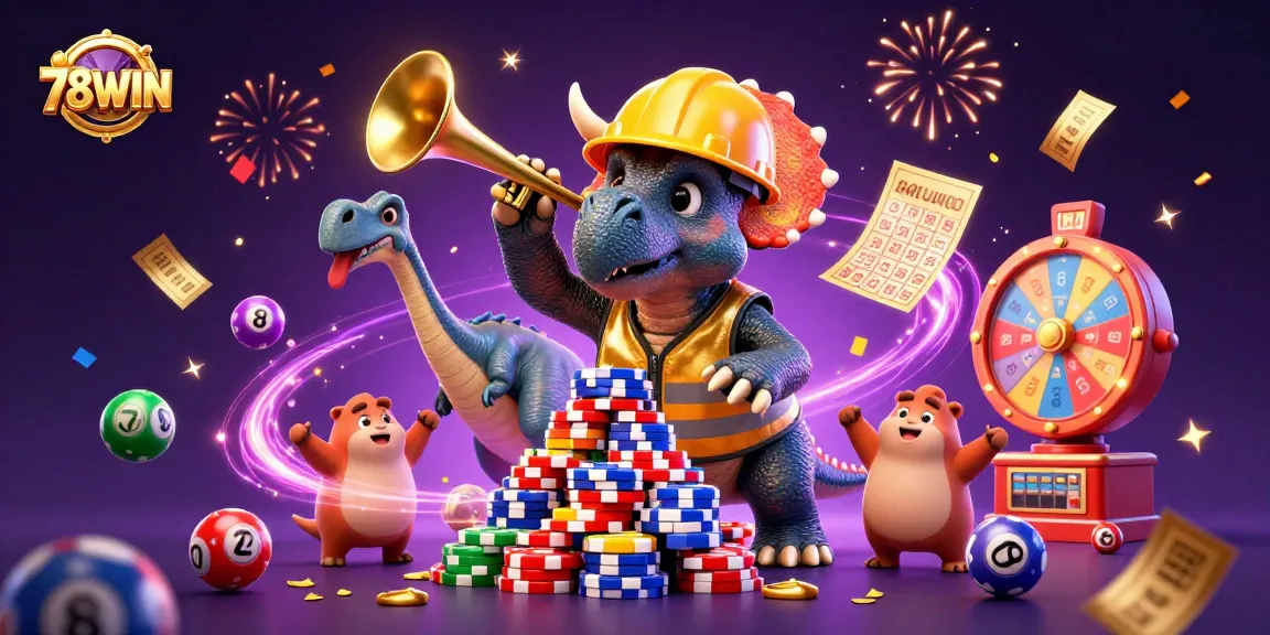 Engage with the dynamic celebration of 78WIN casino games featuring cheering characters and vibrant elements.