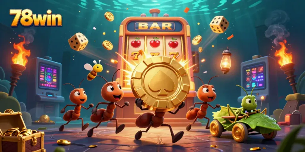 Experience the exciting world of online gambling with 78win's vibrant casino scenes featuring dynamic characters and jackpots.