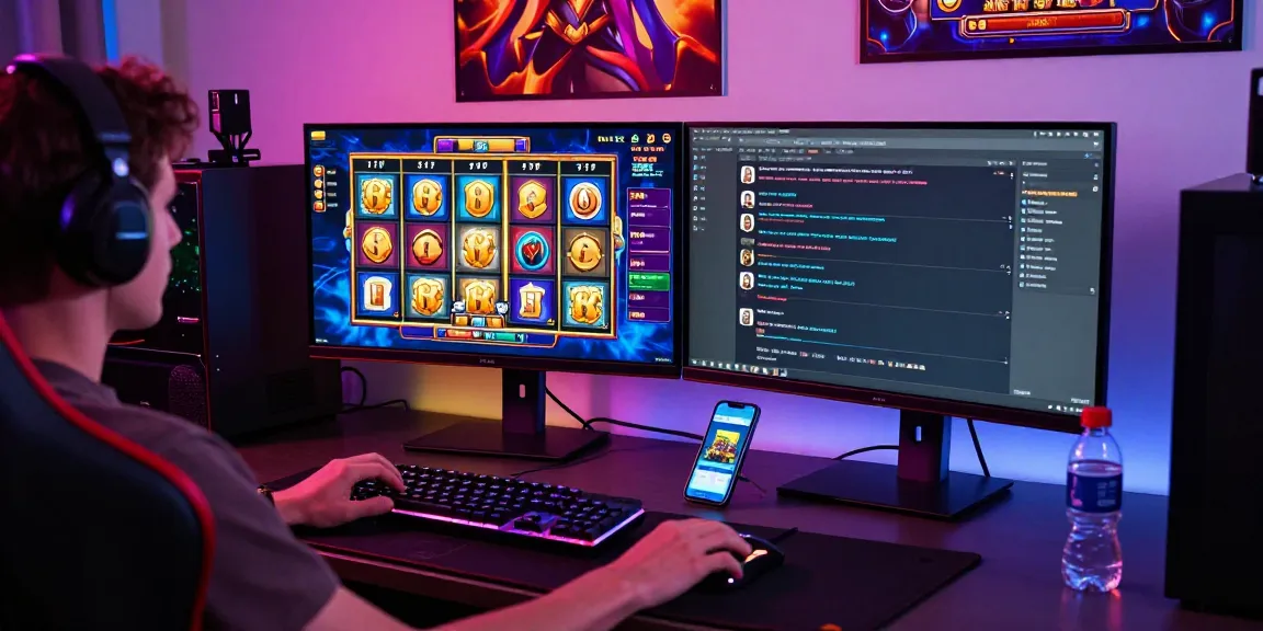 Permainan slot seru di KANGTOTO dengan jackpot terbesar, pemain beraksi di depan monitor modern.