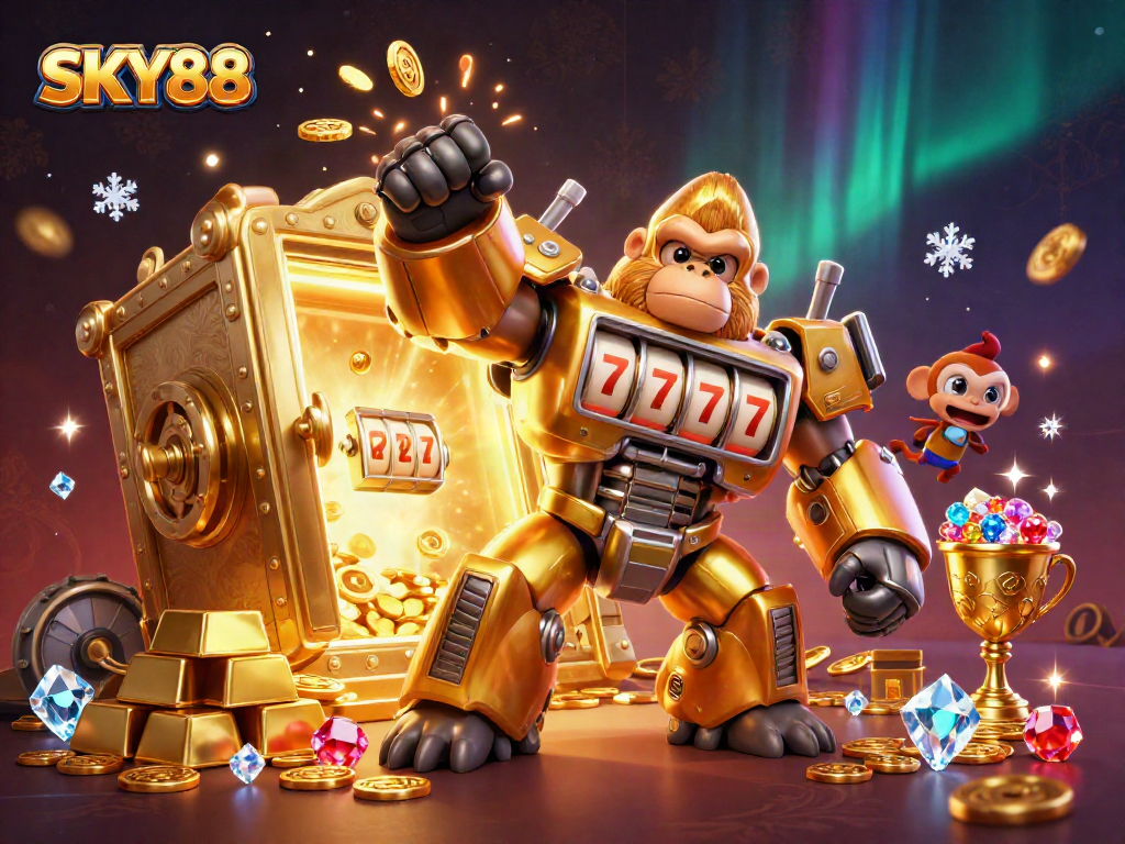 Experience the thrill of gambling with SKY88's dynamic 3D casino scene featuring a golden gorilla mech.