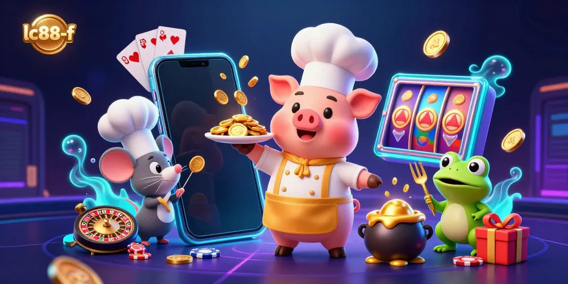 Experience winning moments at lc88-f with a whimsical 3D gaming scene featuring colorful casino elements.