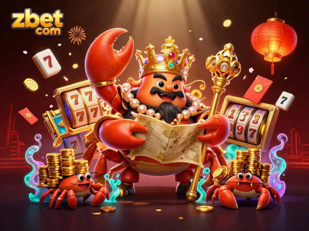 Experience thrilling gameplay at zbet com with a stunning 3D visual of a golden crab emperor and casino treasures.
