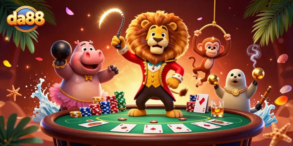 Join the excitement at da88 with a vibrant 3D casino scene featuring unique characters and game elements.