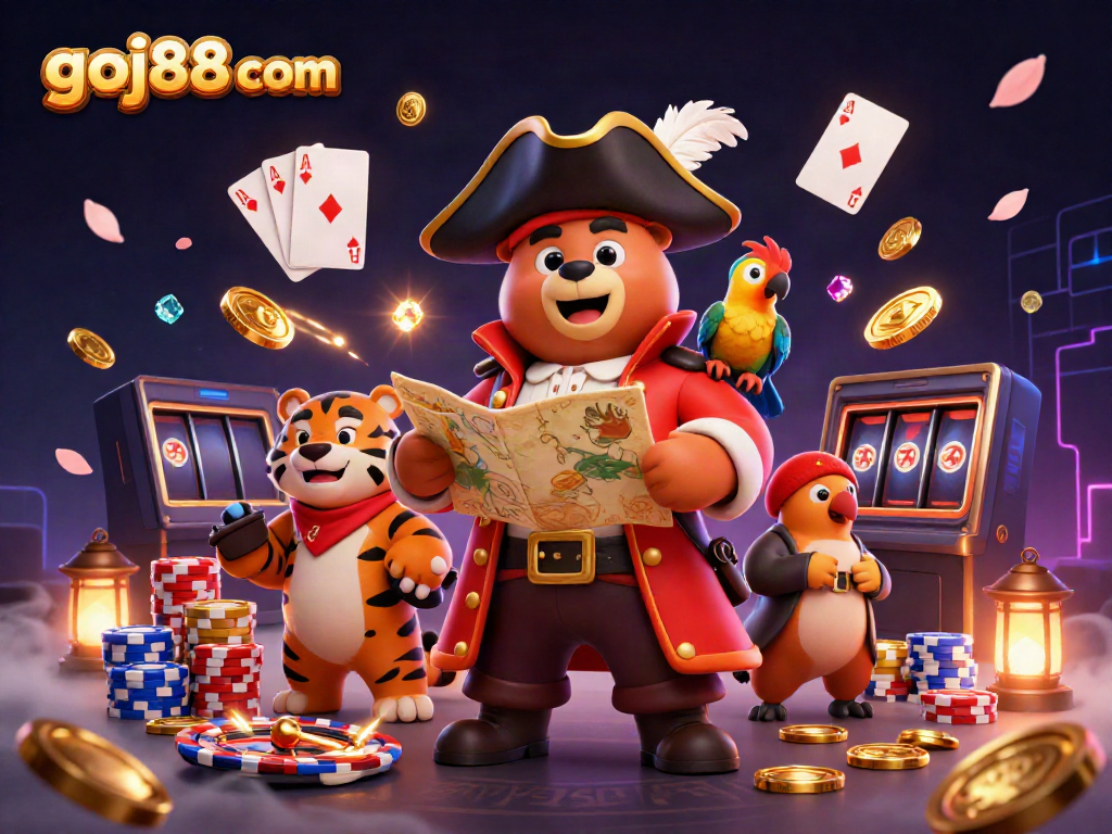 Play slots and win big at goj88 com, featuring vibrant 3D illustrations of pirate characters in a casino setting.