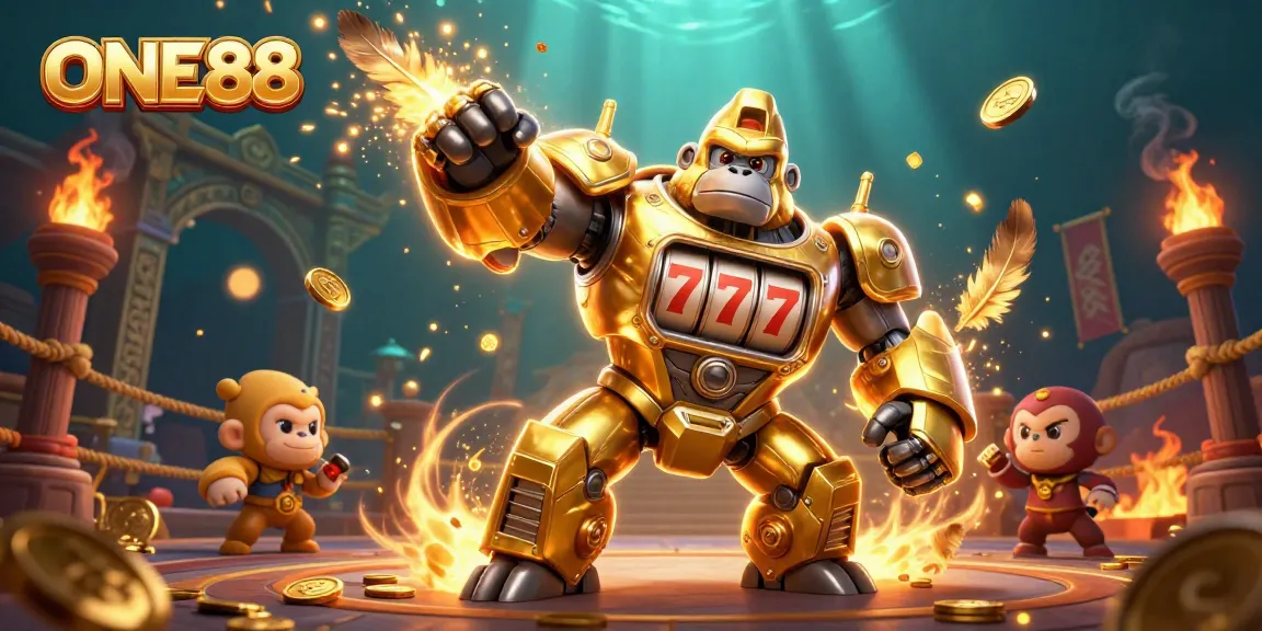 ONE88's golden gorilla mech slot machine explodes coins in an action-packed casino scene.
