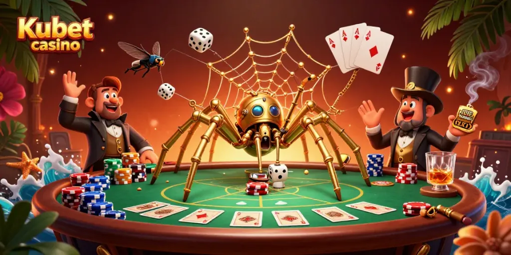 Kubet casino illustration showcasing a steampunk spider and an amused fly gentleman amidst colorful poker elements.