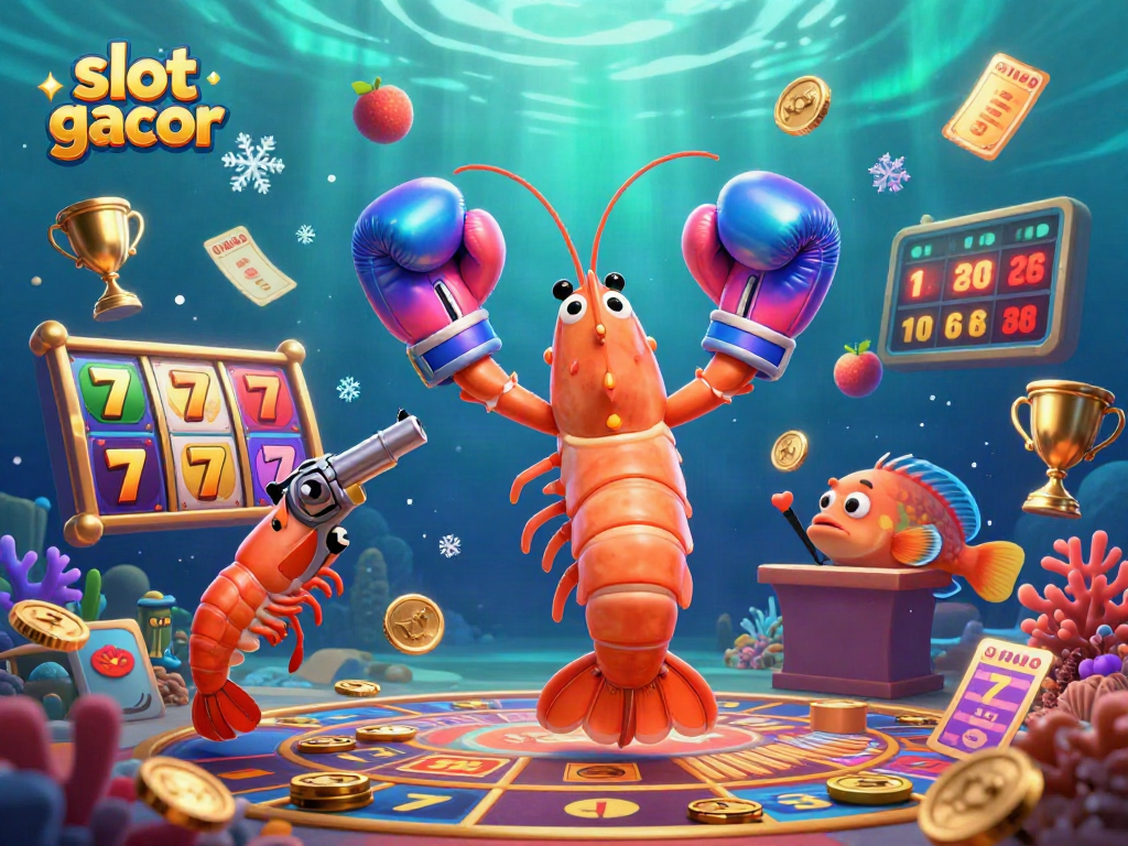 Engage with slot gacor action featuring animated shrimp alongside vibrant casino elements.