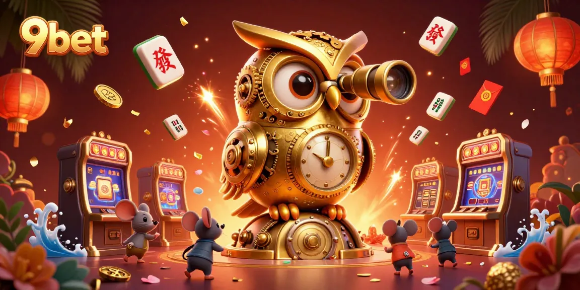 Play at 9bet's vibrant casino with 3D golden owl and animated characters.